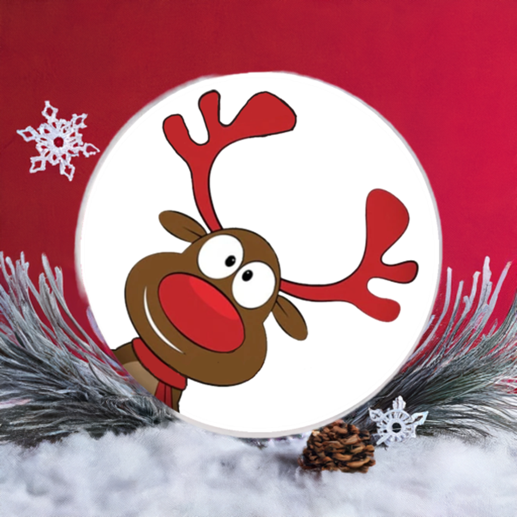 A round white Christmas petite snap button featuring a cartoon reindeer with red antlers and nose, surrounded by festive props including pine branches, faux snow, a small pinecone, and white snowflake decorations against a red background.