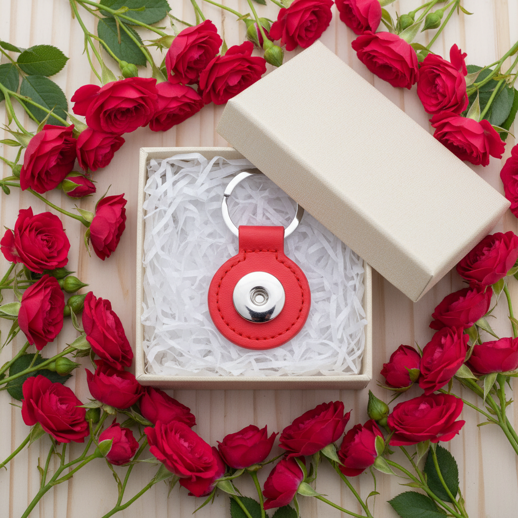 A red leather keychain with a silver metal ring and snap button, styled on a light wood background with red rose buds.