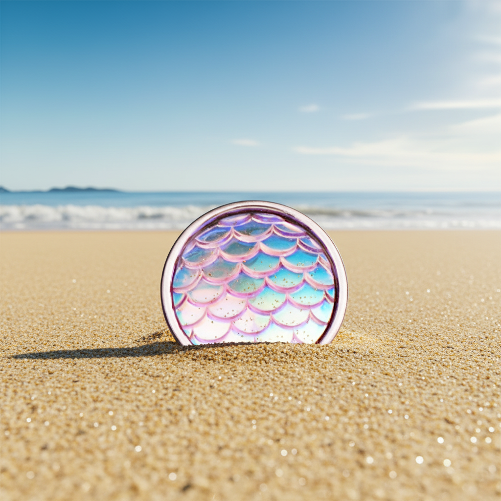 A round snap button featuring a mermaid scale pattern with iridescent pink, purple, and blue hues, set against a digital background of blue water and sky.