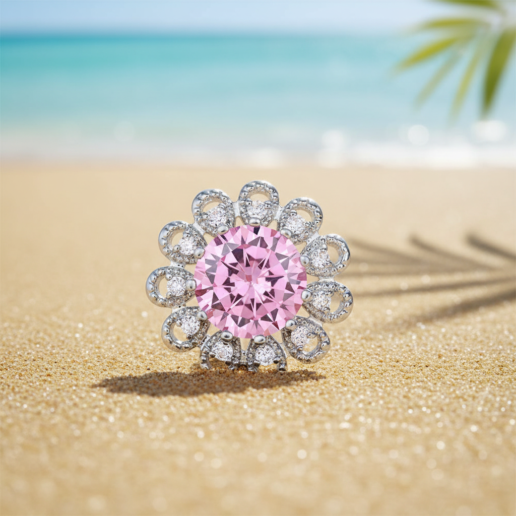 A floral cluster snap button featuring a round pink center stone surrounded by multiple small clear stones in a silver-toned setting, photographed on sunny beach