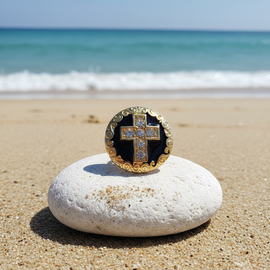 A round gold and black enamel snap button featuring a raised gold cross adorned with clear crystals