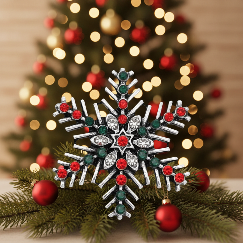 A silver snowflake snap decorated with red and green rhinestones, set against a textured red background with white faux snow in the corners.