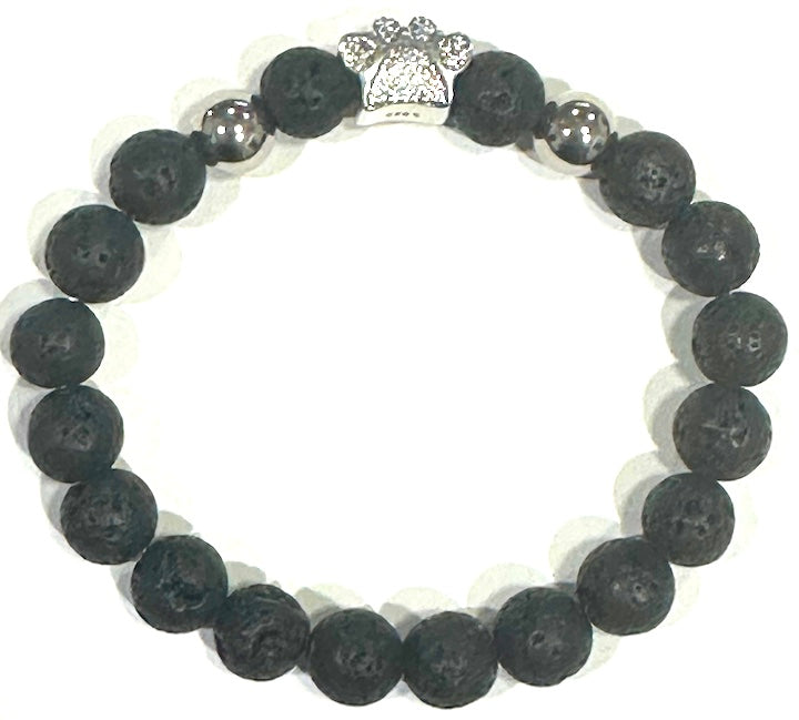 Silver Crystal Dog Paw Lava Stone Beads Stretch Bracelet