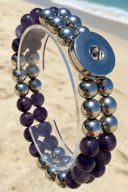Statement Deep Purple & Silver Cats Eye Beaded Stretch Bracelet