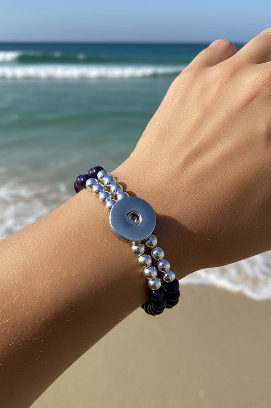 Statement Deep Purple & Silver Cats Eye Beaded Stretch Bracelet