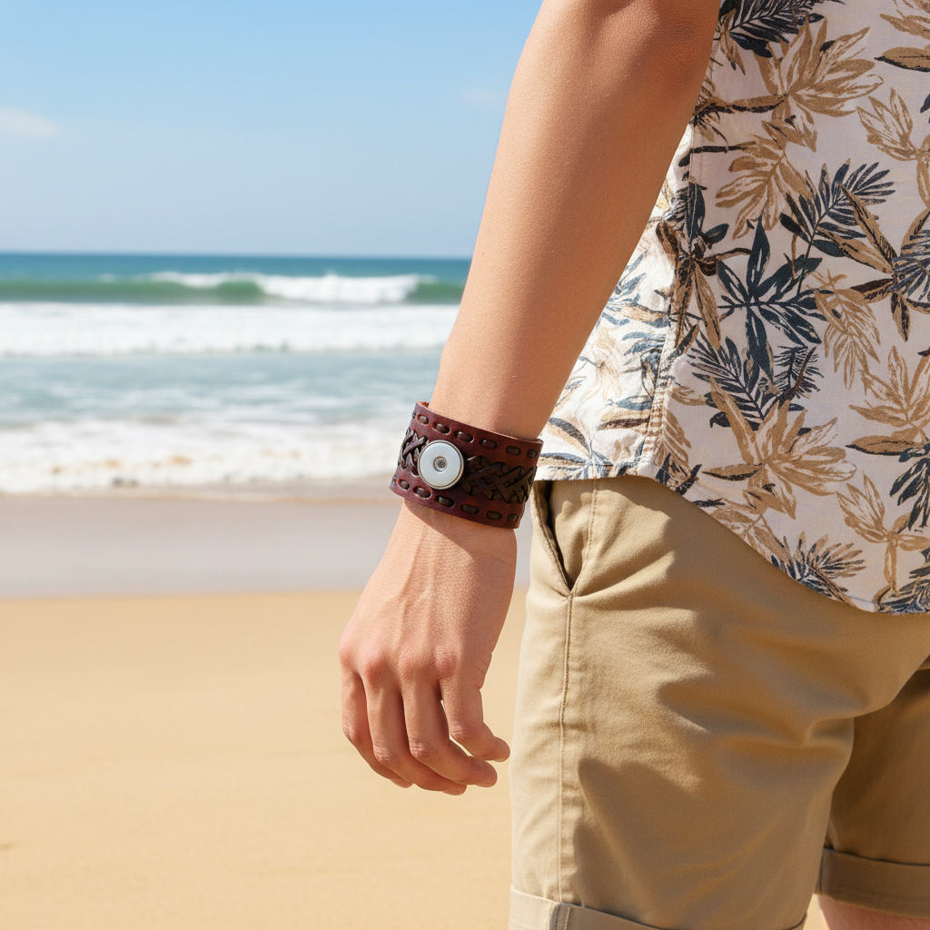 A close-up of a person's wrist wearing a wide brown leather cuff bracelet with a braided pattern and a round silver-tone button closure, paired with a navy polka-dot shirt and light beige pants.