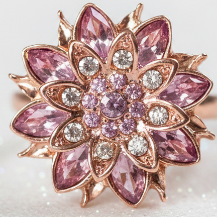 A close-up of a rose gold flower-shaped snap with pink gemstones and clear accent stones, set against a soft light gray background.