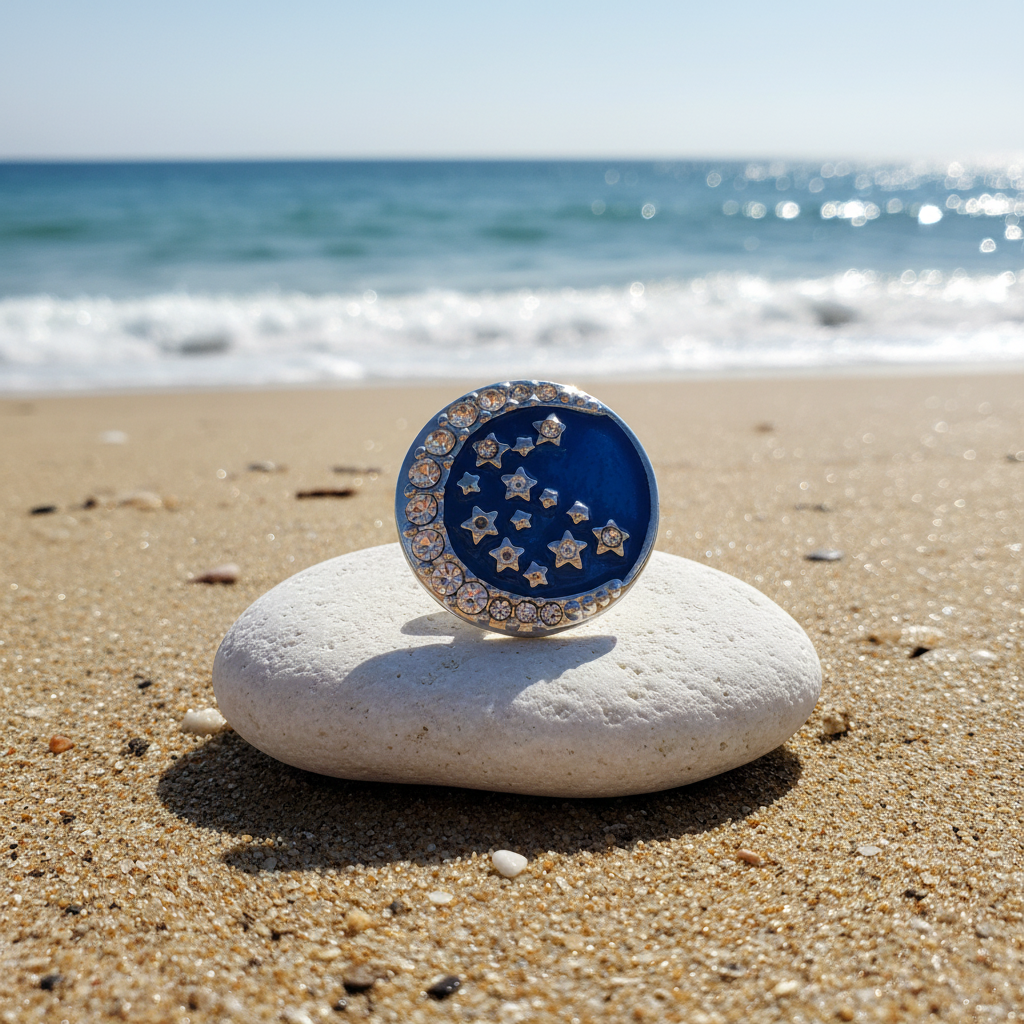 A round silver-toned snap button featuring a blue enamel crescent moon filled with silver star engravings, bordered by clear rhinestones, set against a sparkly white background.