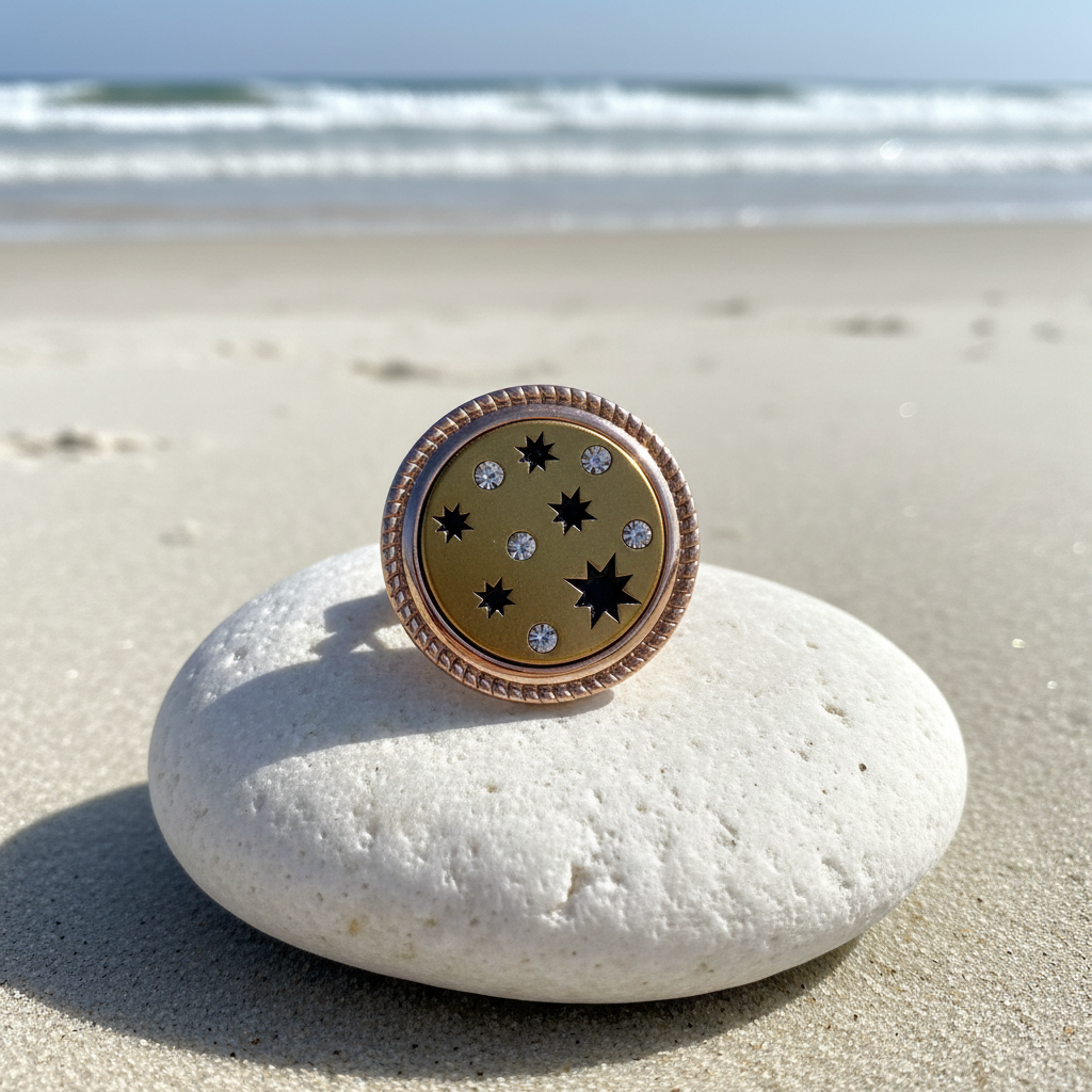 A round gold snap button featuring the constellation Ursa Major, with black star cutouts and small clear rhinestone accents