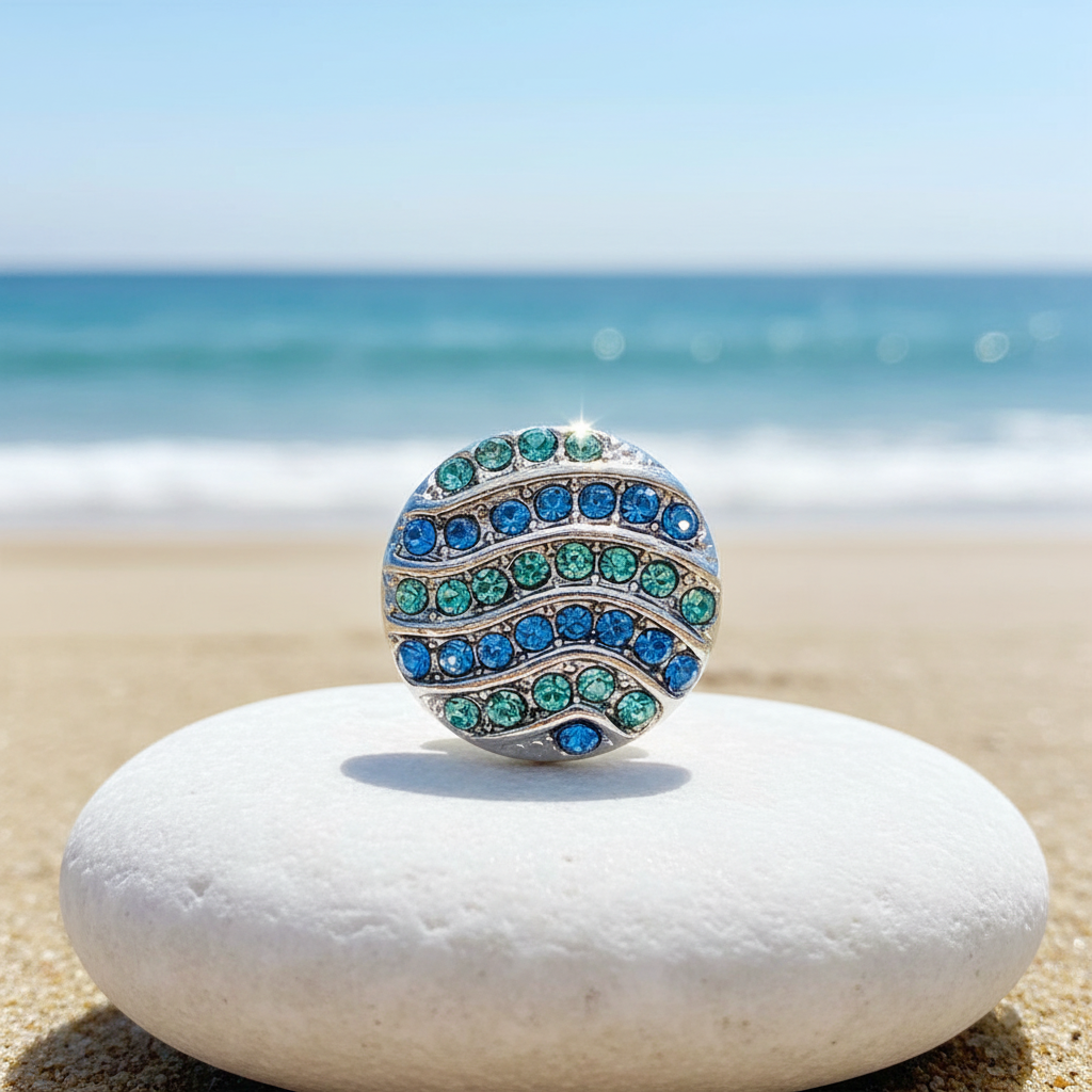 A round silver snap button featuring wavy rows of blue and green rhinestones, displayed on a sparkly white surface.