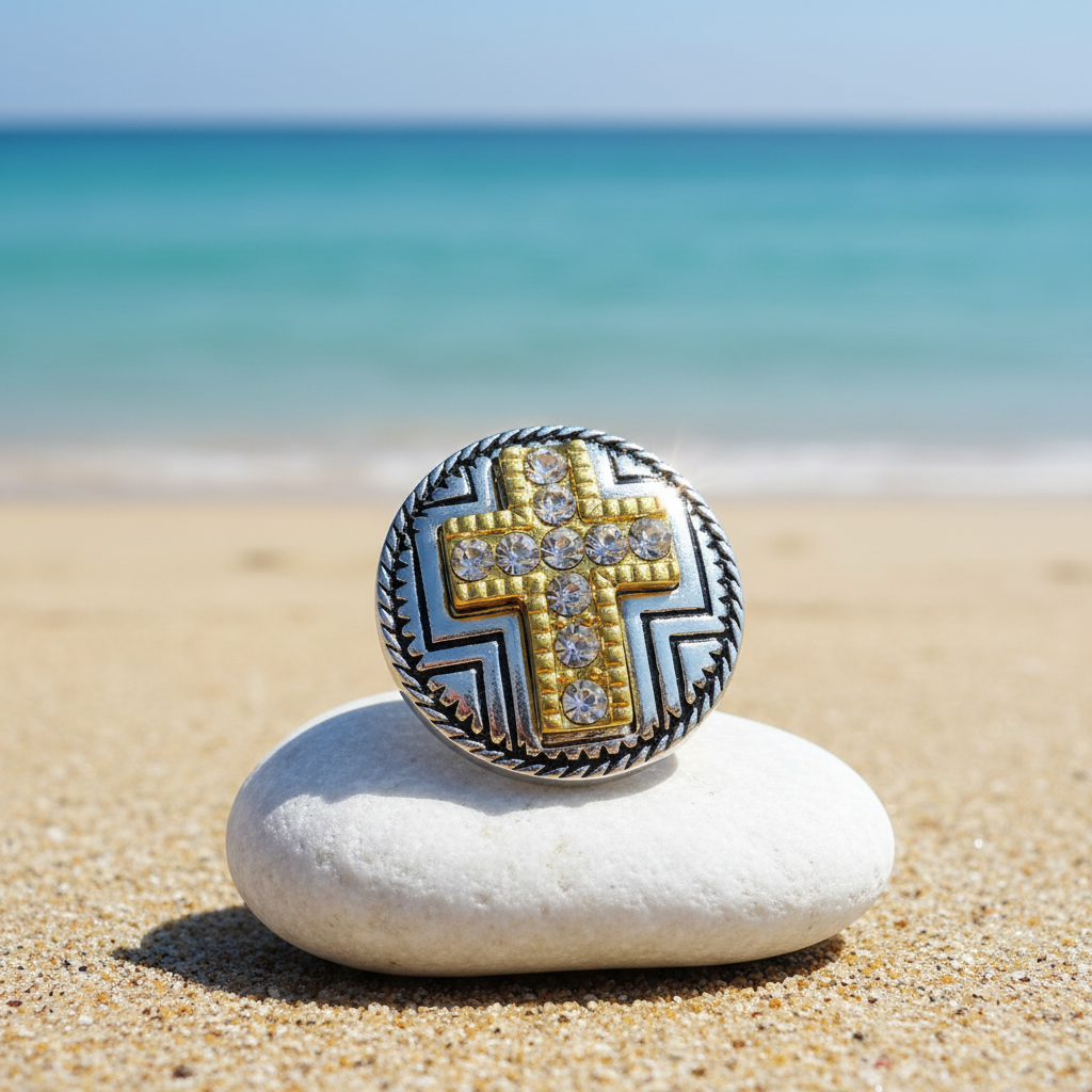 A round silver-toned snap button with a gold-toned cross inlay, decorated with clear rhinestones and black oxidized details, set against a beach