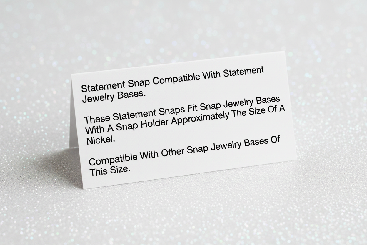 Three lines of black text on a white background stating compatibility information for statement snaps and a snap holder approximately the size of a nickel.
