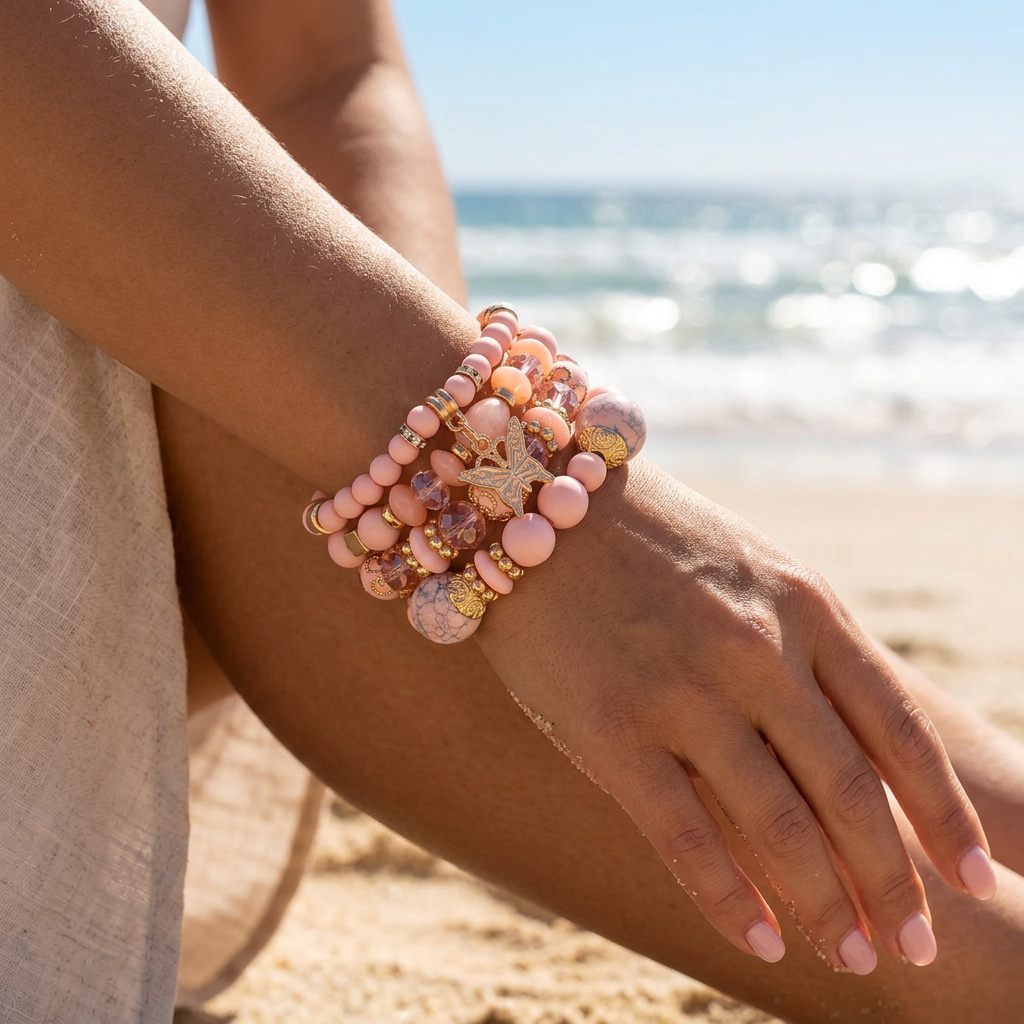 Bohemian Multi-Layer Beaded Bracelet With Butterfly Dangle - Peach