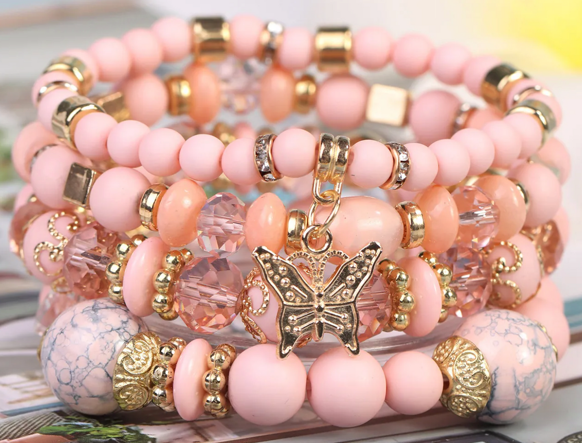 Bohemian Multi-Layer Beaded Bracelet With Butterfly Dangle - Peach