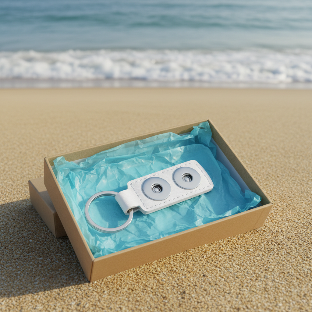 A white leather keychain with a silver metal keyring and two round silver button-like details, presented in a brown box lined with light blue tissue paper on a sandy beach with the ocean in the background.