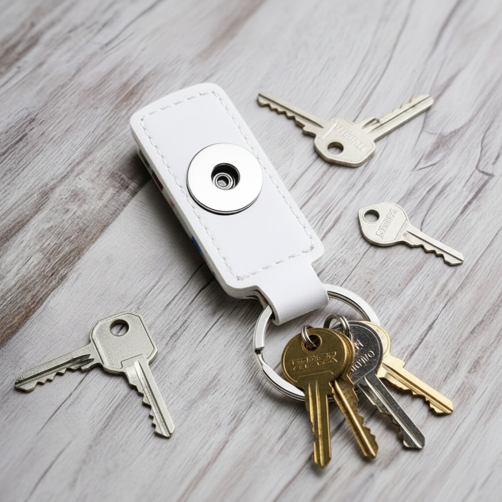 A white leather keychain with a silver metal snap button and attached keyring holding several keys, photographed on a light gray wood-textured surface.