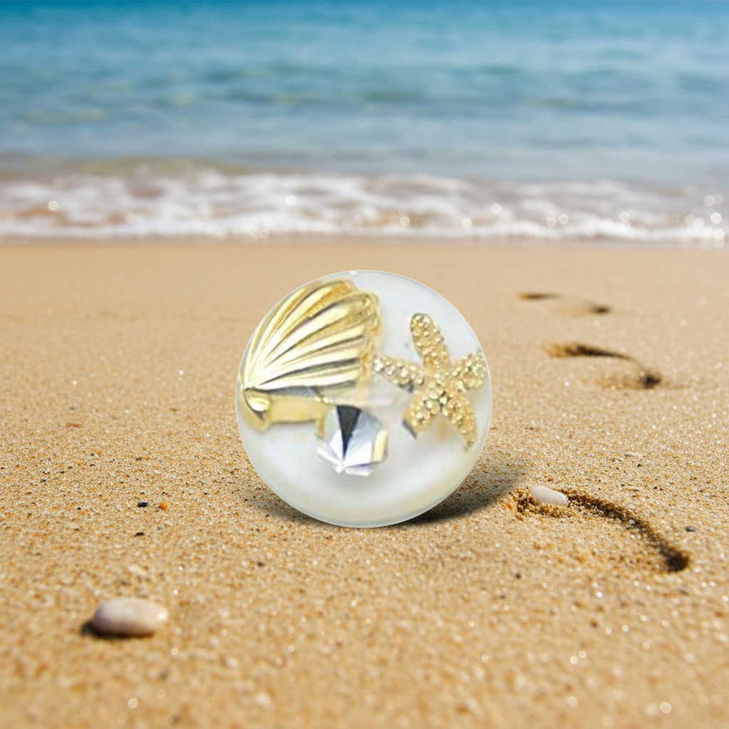 A round white pearl-like snap button featuring a gold seashell and gold starfish design, shown against a beach-and-ocean themed background.