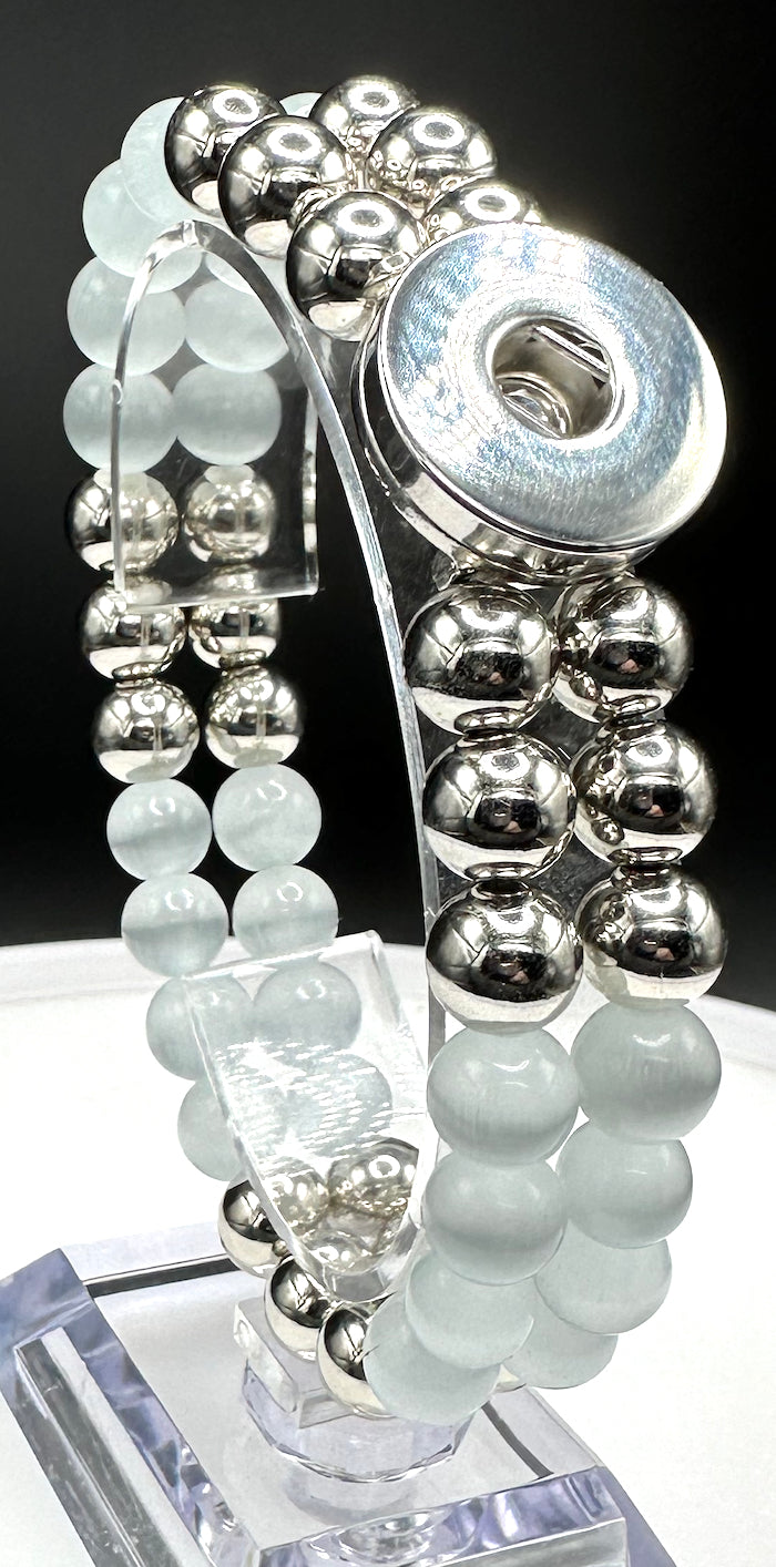 Statement White & Silver Cats Eye Beaded Stretch Bracelet