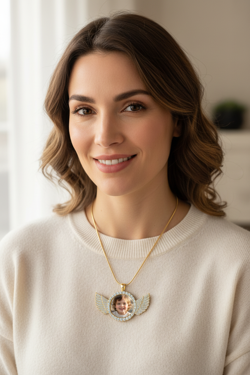 Gold angel wing pendant with a pave diamond-encrusted circular frame and a central white placeholder circle 